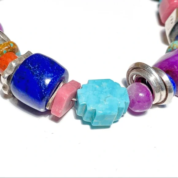 Harold Lujan Unsigned Bracelet w/ Sterling Hand Stamped Beads & Hand Cut Stones - Picture 6 of 16